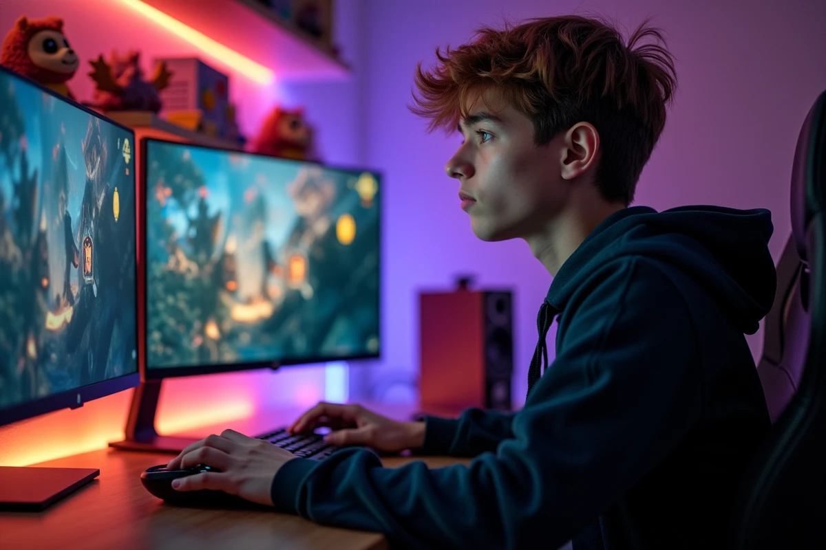 Jeune joueur concentré devant son PC gaming affichant des rangs de League of Legends sur double écran