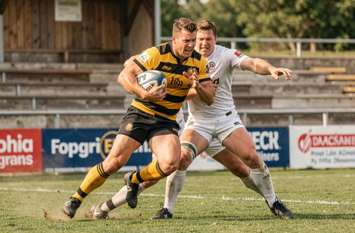 Joueur de rugby en maillot rayé jaune et noir perçant le plaquage adverse lors d'un match de Fédérale