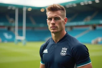 Joueur de rugby professionnel en maillot de club sur le terrain d'un stade, portrait sportif éditorial