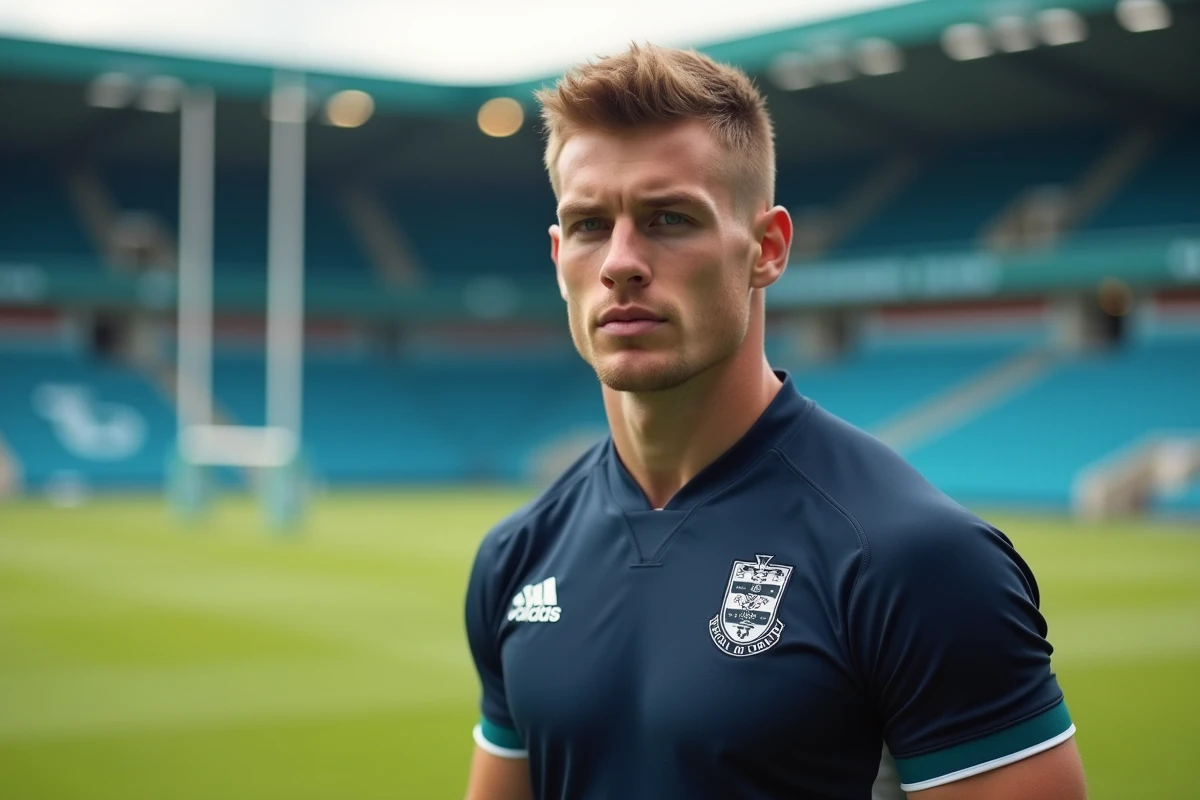 Joueur de rugby professionnel en maillot de club sur le terrain d'un stade, portrait sportif éditorial