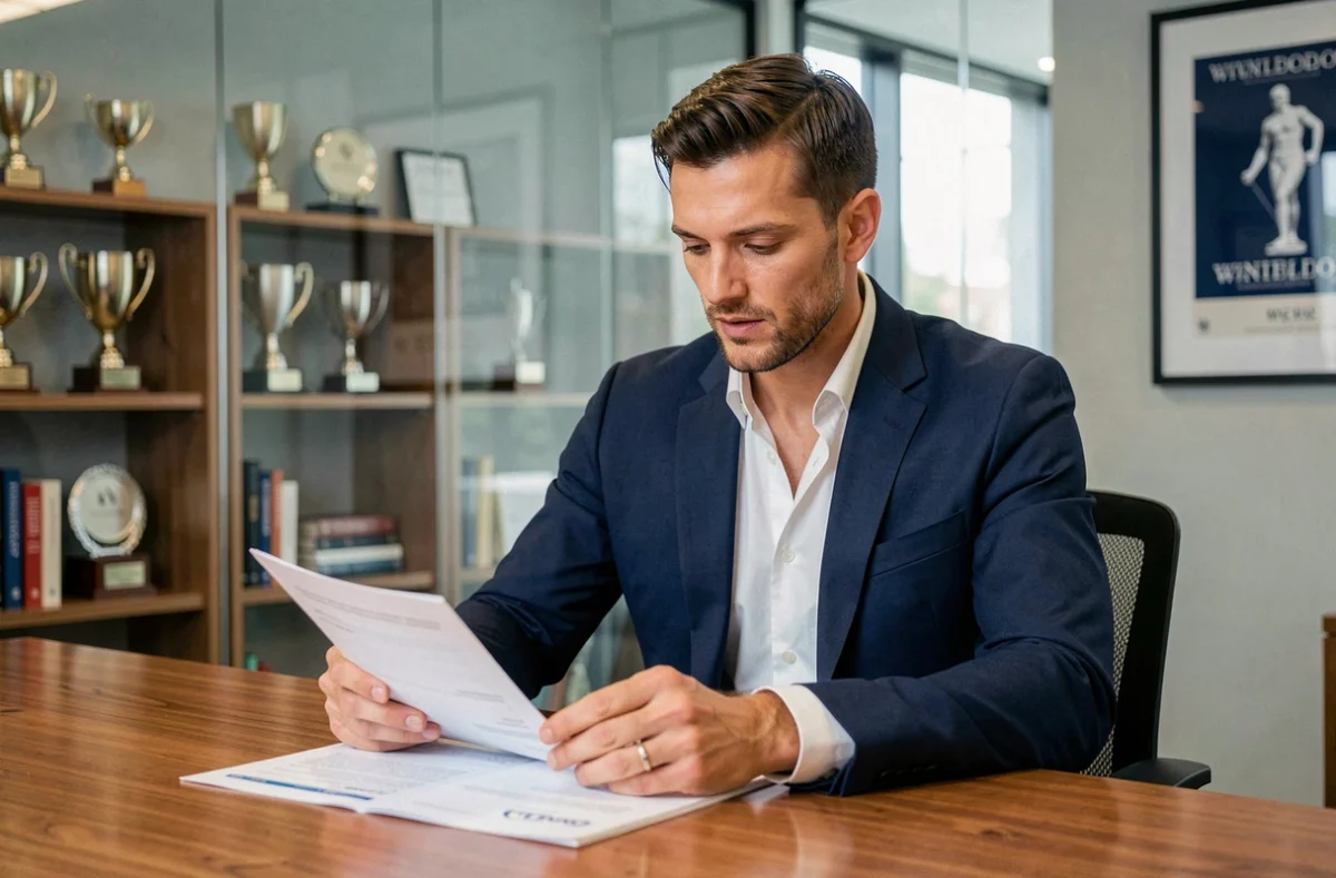 Joueur de tennis en costume examinant des contrats financiers dans un bureau d'agence sportive après une victoire à Wimbledon