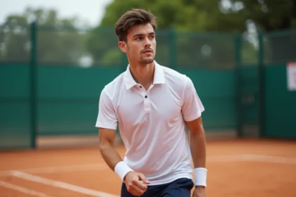 Jeune joueur de tennis prêt à servir sur court en terre battue