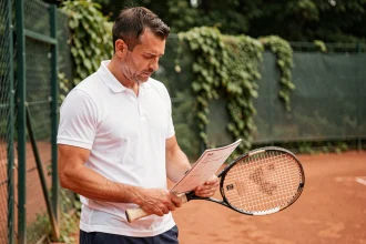 Joueur de tennis intermédiaire consultant le tableau d'un tournoi Point P250 sur un court en terre battue