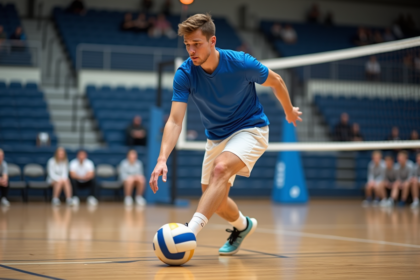 Jeune homme volleyball en action sur le terrain intérieur