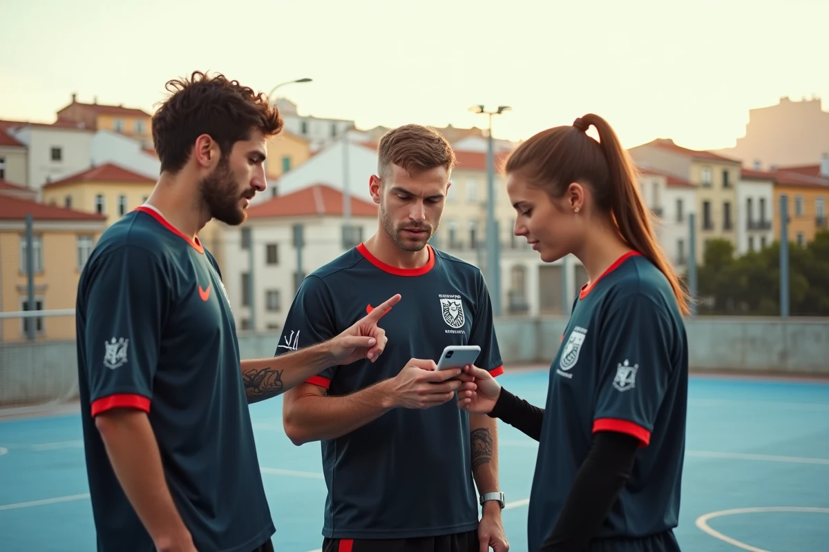 Groupe de joueurs de handball internationaux discutant sur un terrain en plein air à Lisbonne