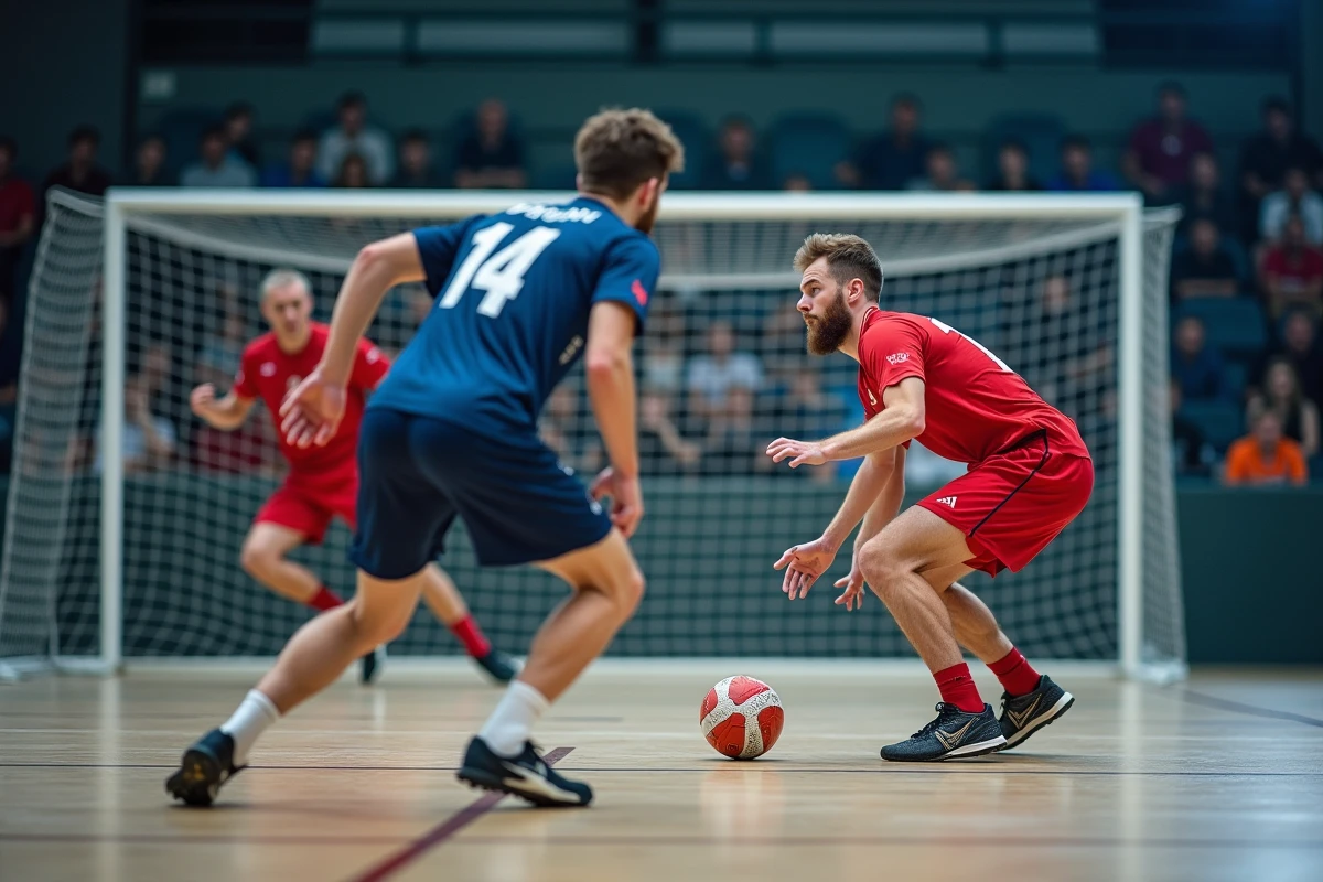 Joueurs de handball en action près de la zone de but lors d'un match en salle réglementaire