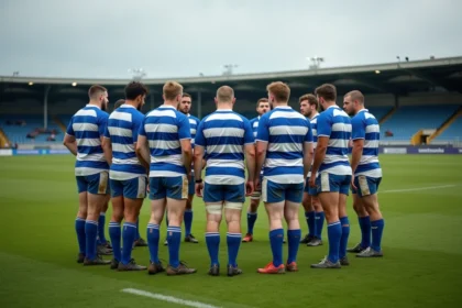 Joueurs de rugby amateur en cercle tactique sur un terrain de Fédérale 2, maillots bleu et blanc, ambiance de fin de saison