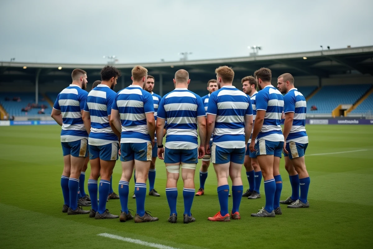 Joueurs de rugby amateur en cercle tactique sur un terrain de Fédérale 2, maillots bleu et blanc, ambiance de fin de saison