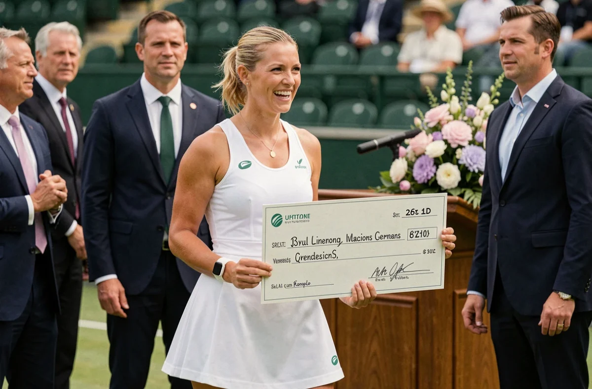 Joueuse de tennis professionnelle recevant un chèque de prize money lors de la cérémonie de remise des prix à Wimbledon