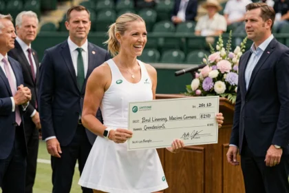 Joueuse de tennis professionnelle recevant un chèque de prize money lors de la cérémonie de remise des prix à Wimbledon