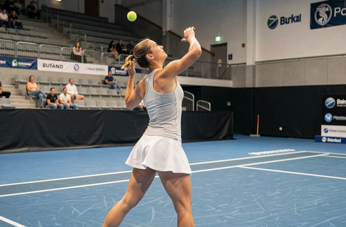 Joueuse de tennis niveau intermédiaire en plein service lors d'un tournoi homologué sur court en dur indoor