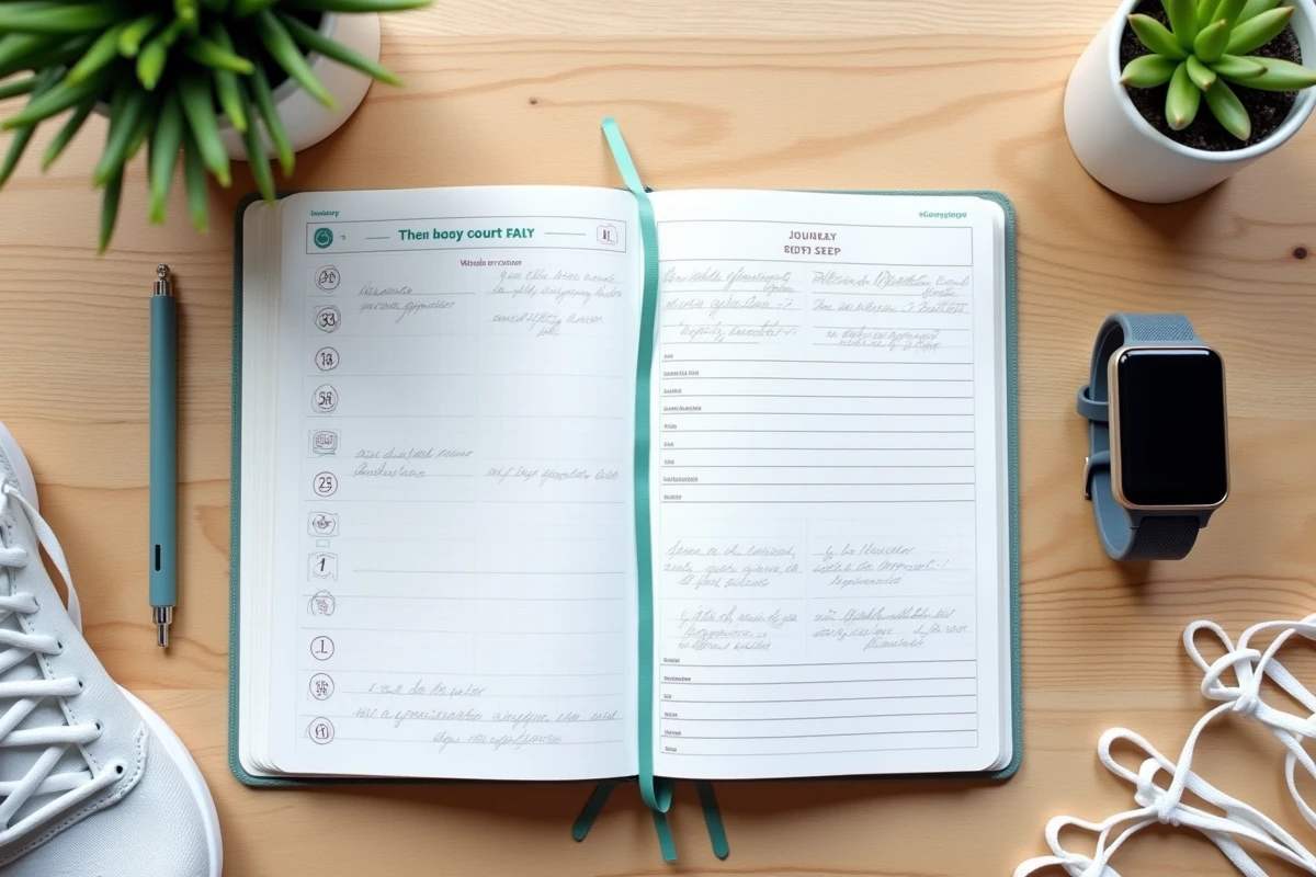 Journal de suivi de pas hebdomadaire avec tracker fitness et carnet ouvert sur un bureau en bois