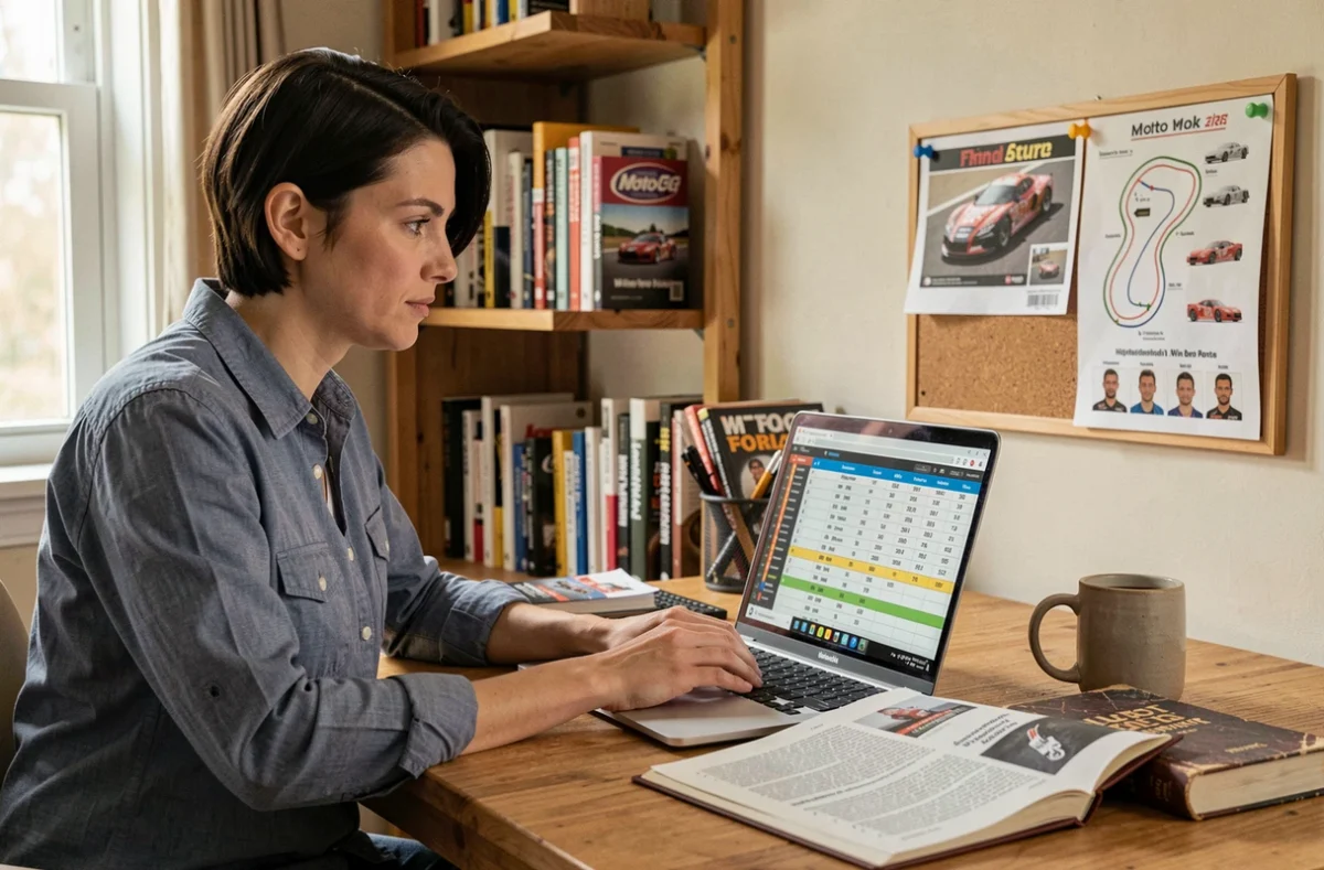 Journaliste sportive analysant les statistiques du championnat MotoGP 2026 sur ordinateur portable dans un bureau à domicile