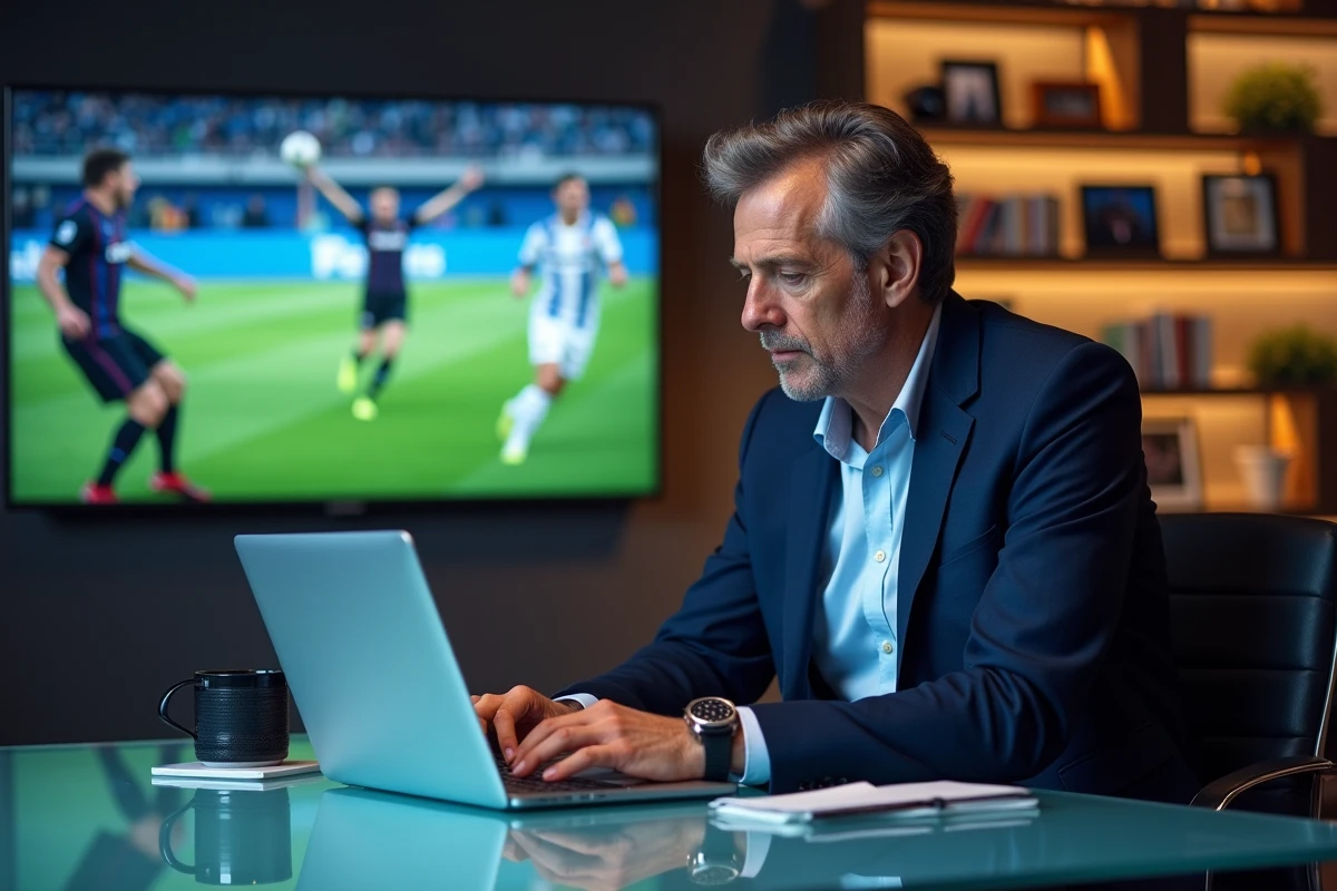 Journaliste sportif concentré travaillant sur son ordinateur