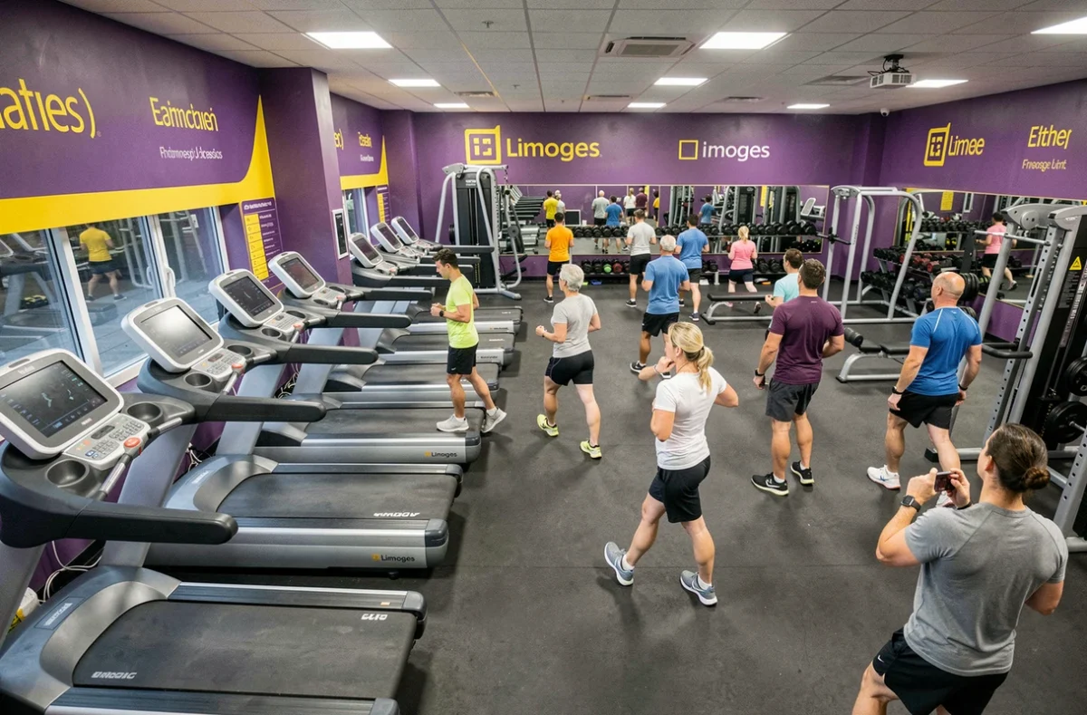 Salle Keep Cool Limoges avec sa décoration aux couleurs violettes et jaunes, équipements cardio et membres actifs