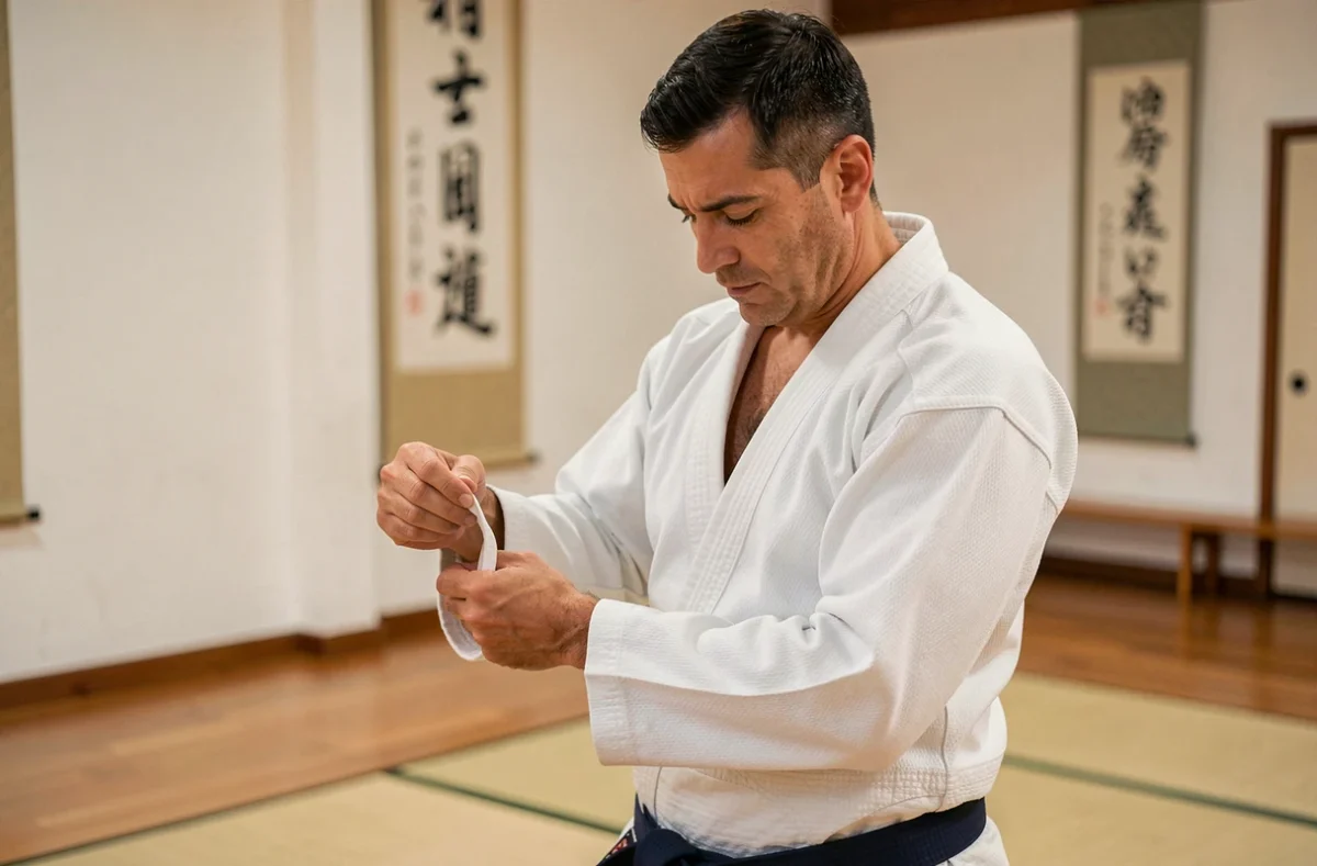 Pratiquant de jiu jitsu en kimono blanc léger examinant le tissu de son gi dans un dojo traditionnel