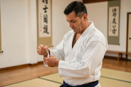 Pratiquant de jiu jitsu en kimono blanc léger examinant le tissu de son gi dans un dojo traditionnel
