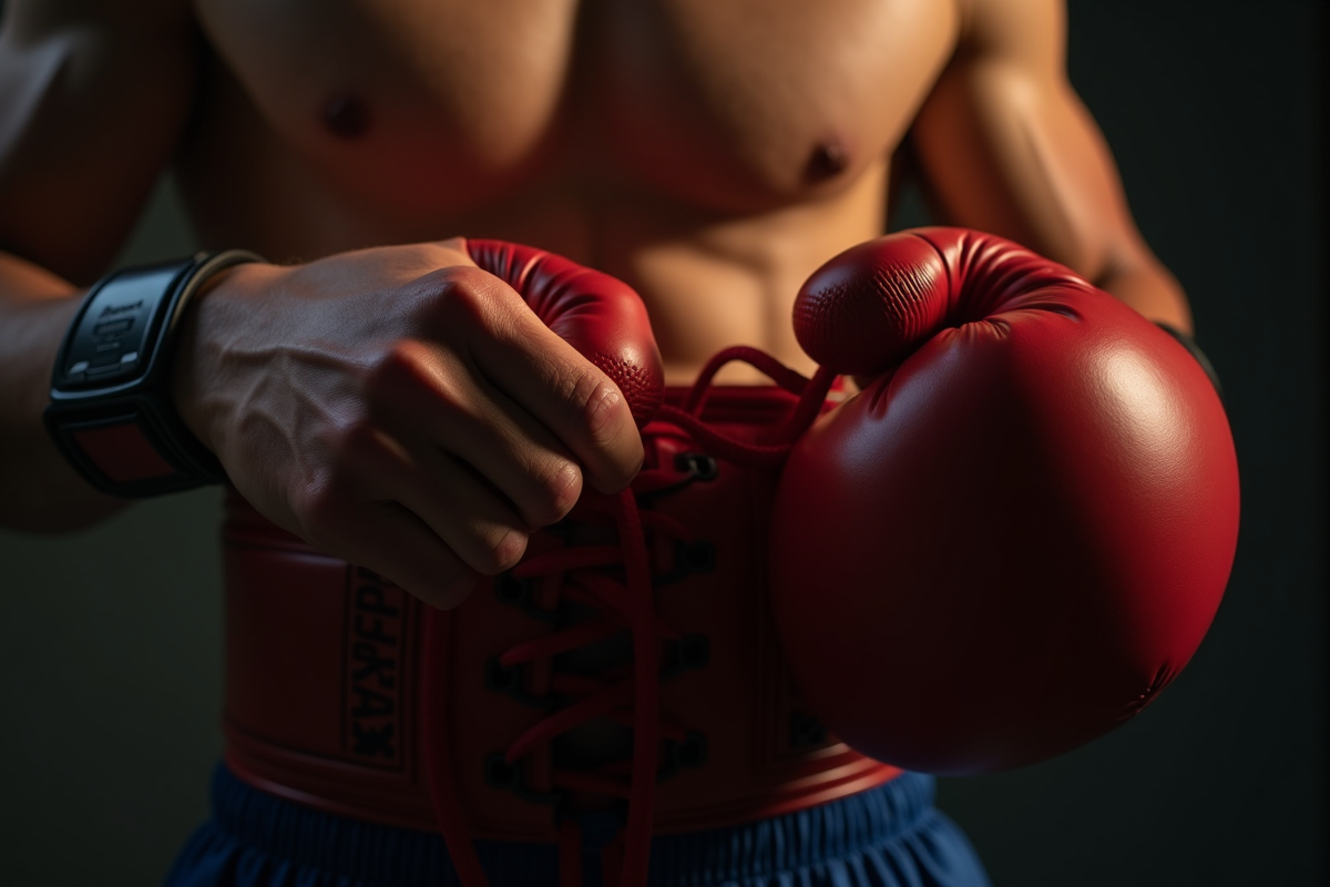 Main qui lace un gant de boxe avant un combat