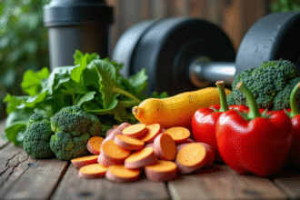 Légumes frais colorés sur une table en bois avec haltères