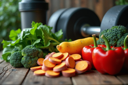 Légumes frais colorés sur une table en bois avec haltères