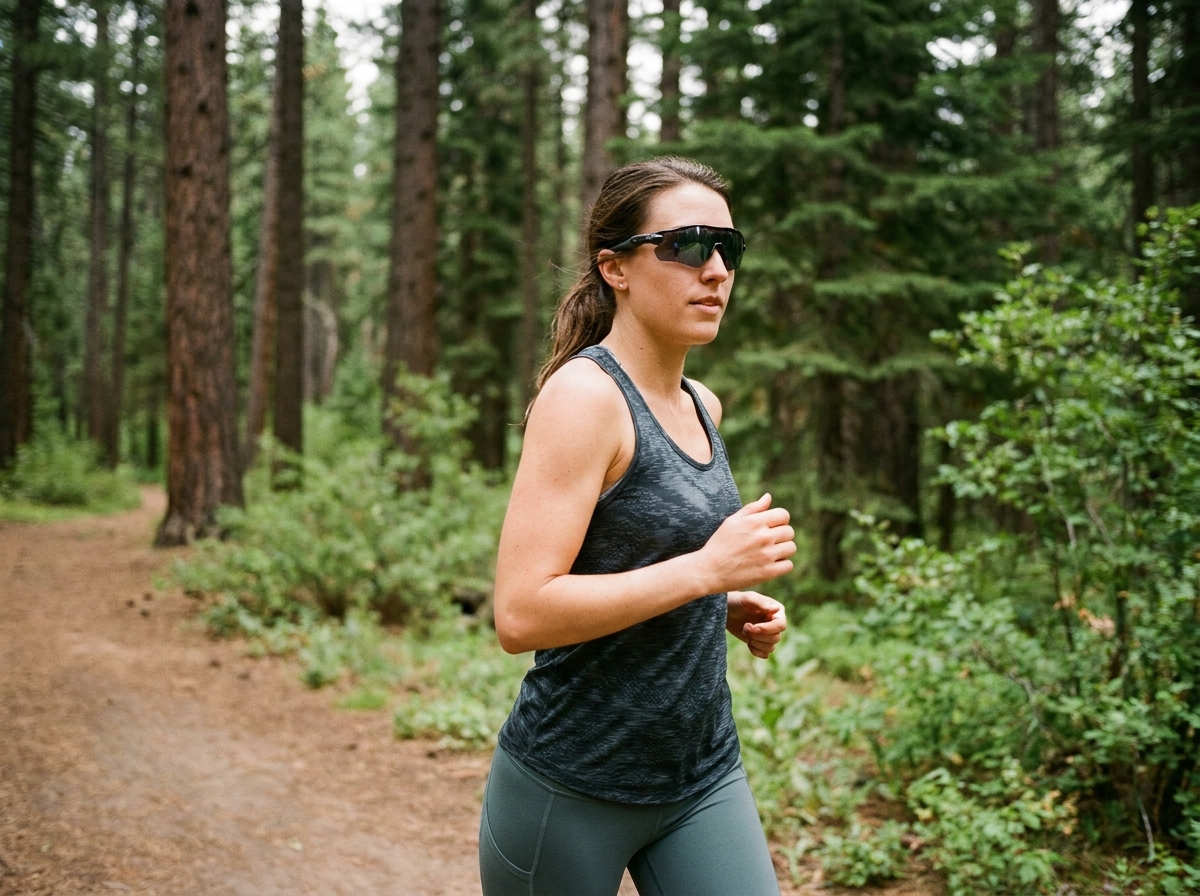Femme coureuse portant des lunettes de sport polarisées à verres miroir sur un sentier forestier