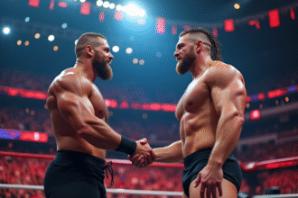 Lutteurs professionnels WWE se serrant la main dans l'arène