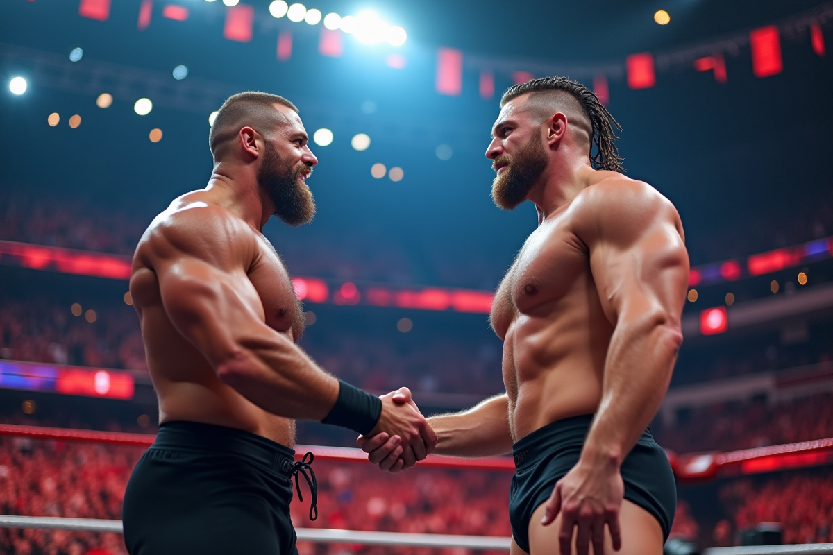 Lutteurs professionnels WWE se serrant la main dans l'arène