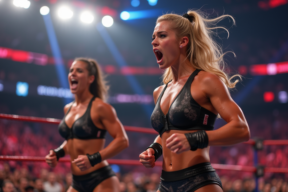 Deux lutteuses féminines en action dans une arène WWE lumineuse