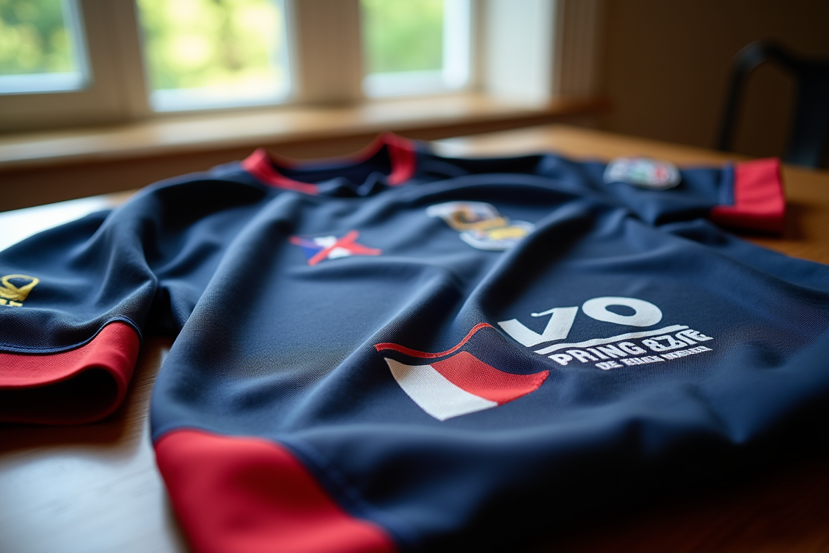 Zoom sur le maillot de rugby français 2025 sur une table en bois