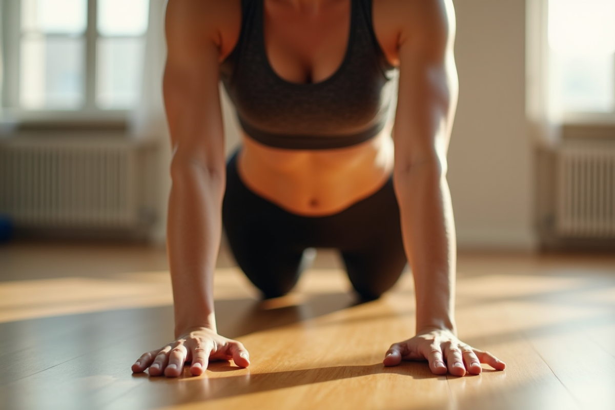 Mains et abdomen en position de planche Pilates dans une salle ensoleillee