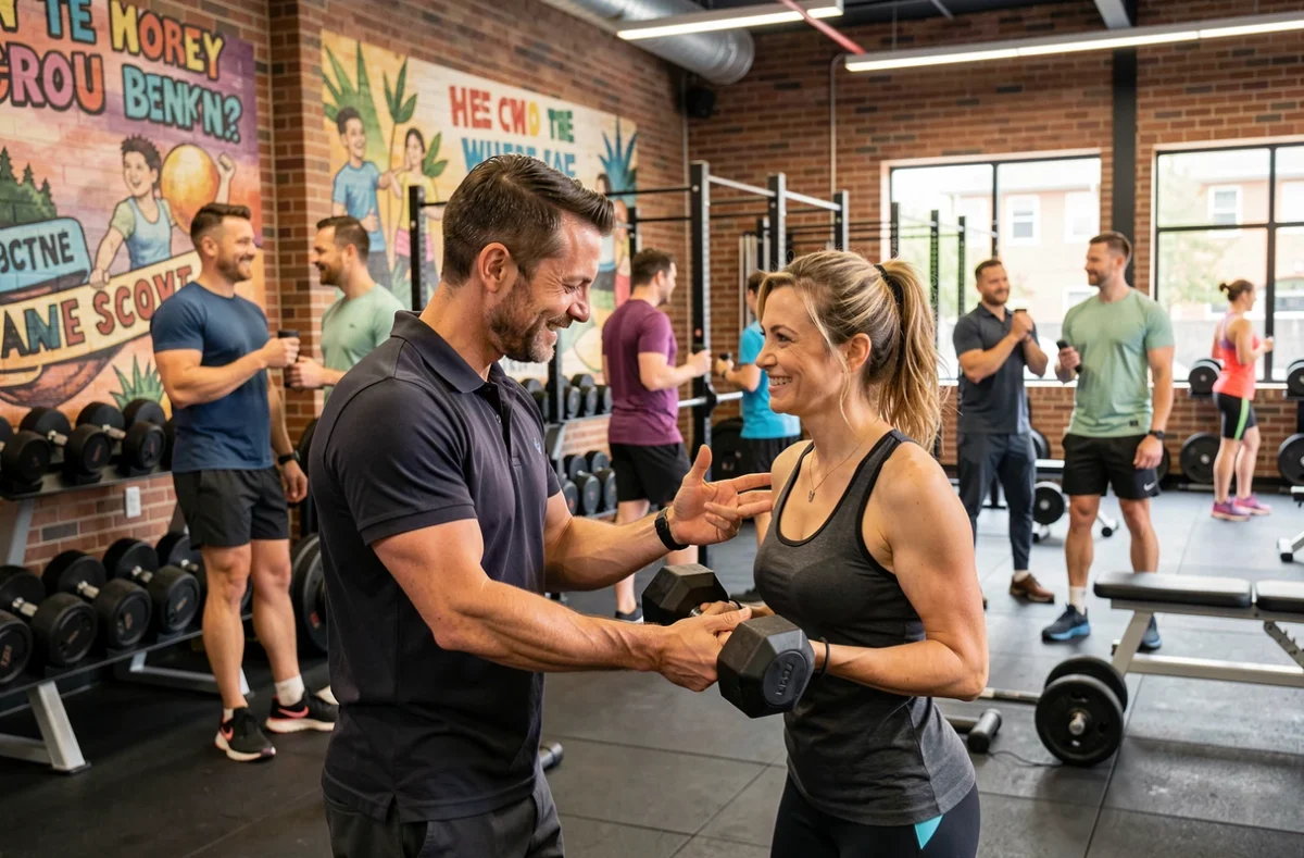 Salle de sport Makadam Fitness Bordeaux avec ambiance conviviale, murales colorées et membres s'entraînant ensemble