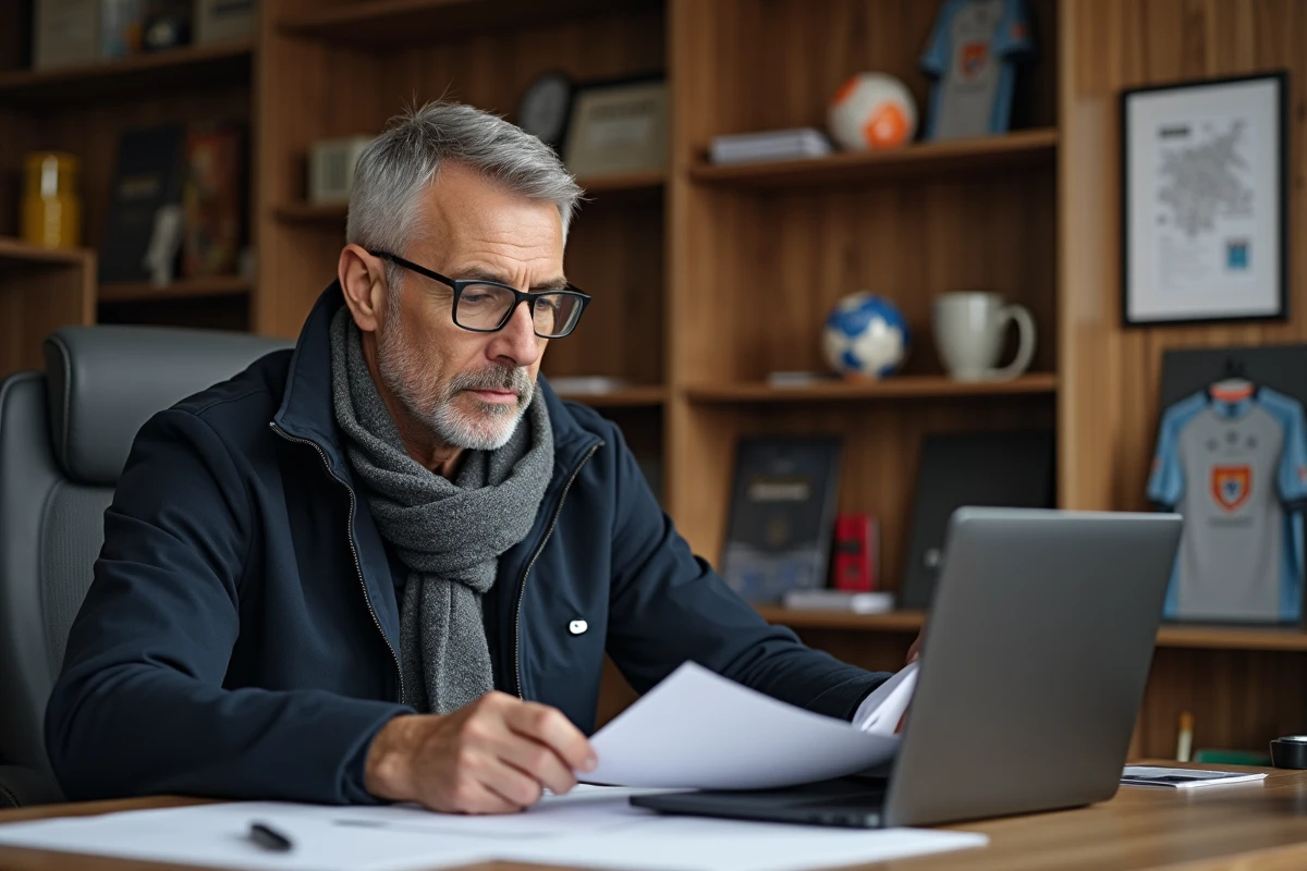 Manager de football analysant documents de la coupe en bureau