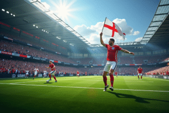 Match de football dynamique entre Angleterre et une équipe européenne dans un stade moderne