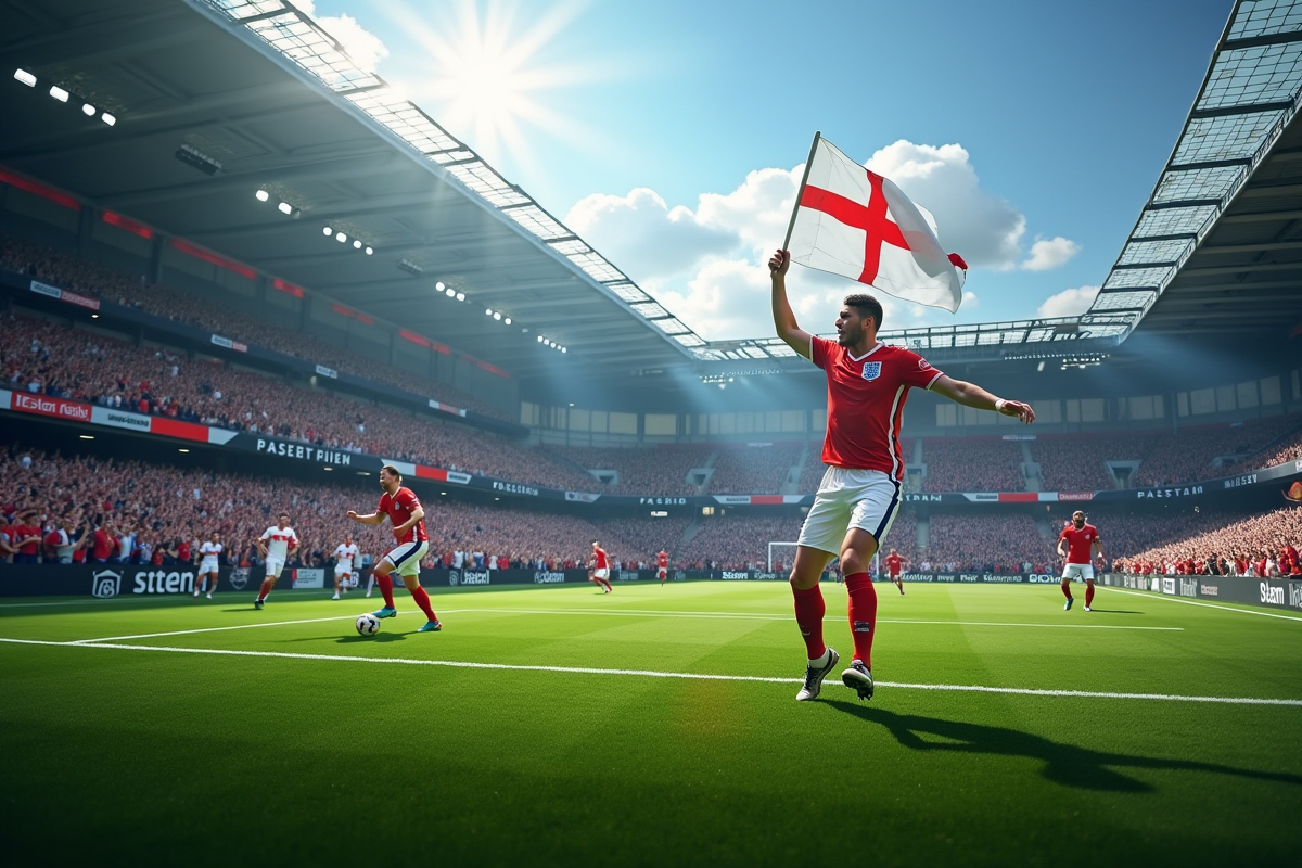 Match de football dynamique entre Angleterre et une équipe européenne dans un stade moderne