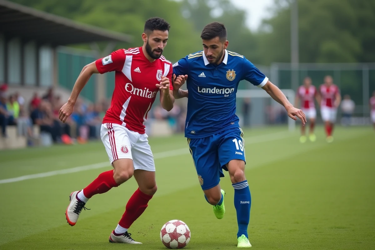 Duel entre deux joueurs de football amateur lors d'un match de championnat de la Ligue d'Occitanie sur terrain municipal