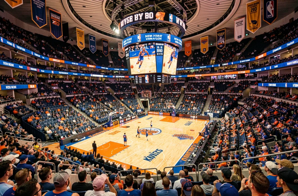 Vue panoramique de l'intérieur du Madison Square Garden lors d'un match NBA des New York Knicks, avec la foule en délire et le parquet emblématique
