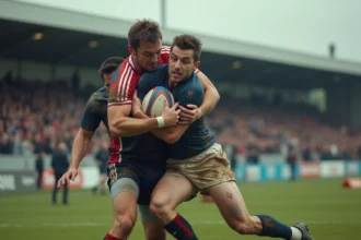 Deux joueurs de rugby en duel lors d'un match de Fédérale 2, plaquage intense sur une pelouse naturelle dans un stade régional
