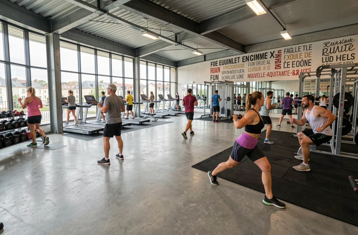 Vue panoramique d'une salle de sport moderne en Nouvelle-Aquitaine avec diverses zones d'entraînement et des membres actifs