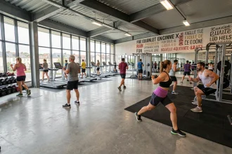 Vue panoramique d'une salle de sport moderne en Nouvelle-Aquitaine avec diverses zones d'entraînement et des membres actifs