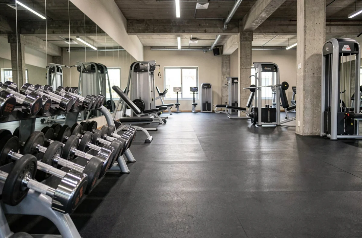 Vue panoramique d'une salle de musculation moderne dans le Rhône avec équipements chromés et miroirs