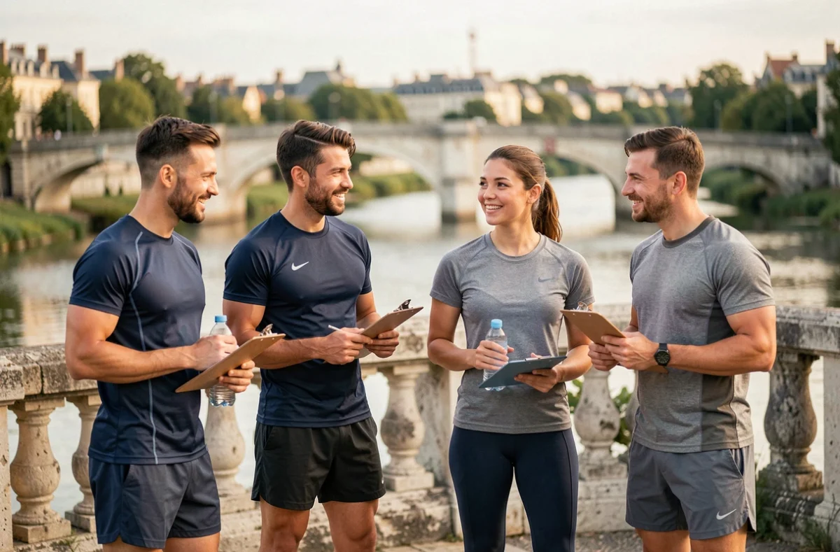 Groupe de coachs sportifs professionnels réunis en bord de Loire dans les Pays de la Loire