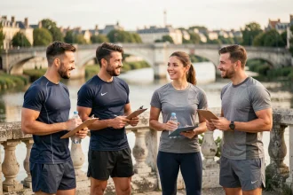 Groupe de coachs sportifs professionnels réunis en bord de Loire dans les Pays de la Loire