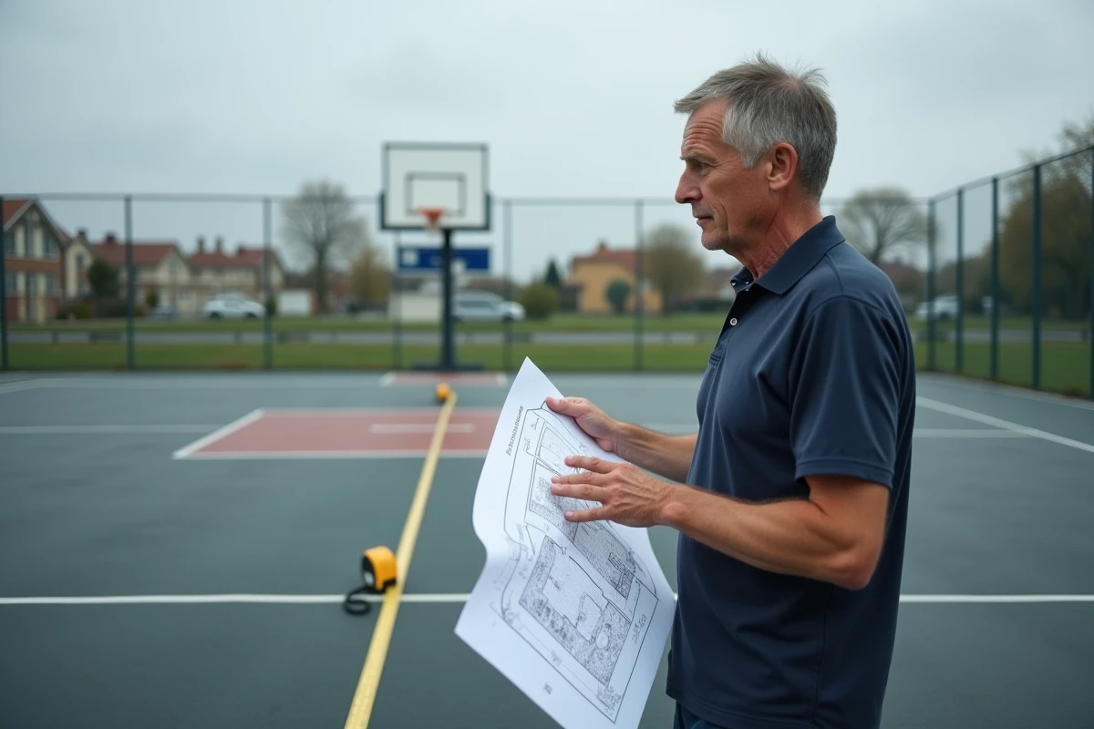 Responsable sportif mesurant les dimensions d'un terrain de handball extérieur avec un plan technique en main