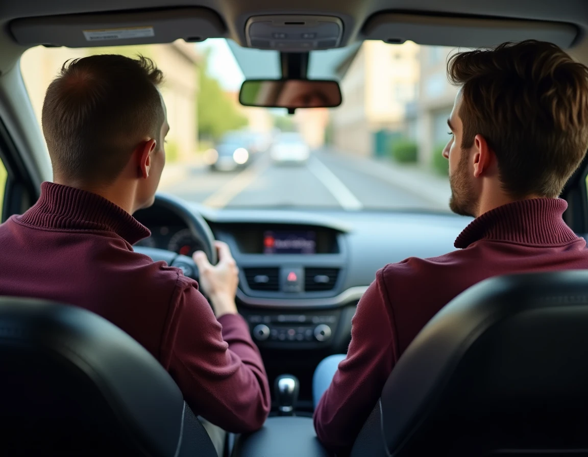 Moniteur d'auto-école et élève conducteur en voiture lors d'une leçon de conduite préventive