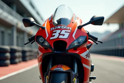 Gros plan sur les winglets aérodynamiques d'une moto MotoGP en carbone sur le circuit