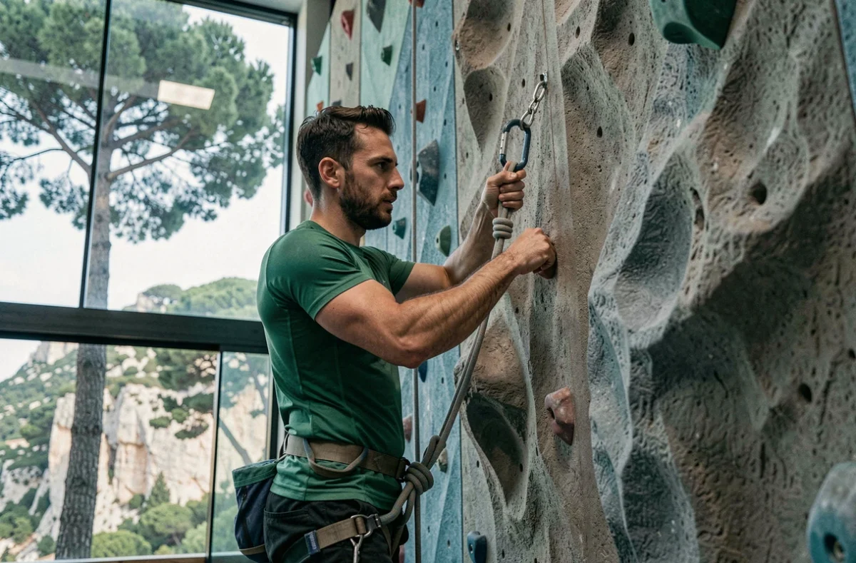 Grimpeur sur un mur de voie en salle au Mur de Luminy à Marseille avec vue sur les collines en arrière-plan