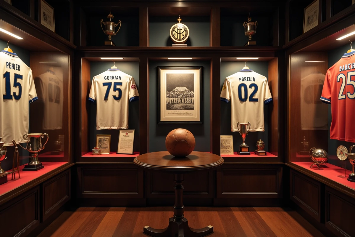 Musée de l'Inter Milan avec maillots vintage, trophées historiques et documents encadrés retraçant l'histoire du club