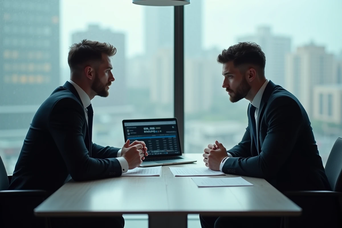 Négociation de contrat sportif entre un joueur de rugby et son agent dans un bureau moderne
