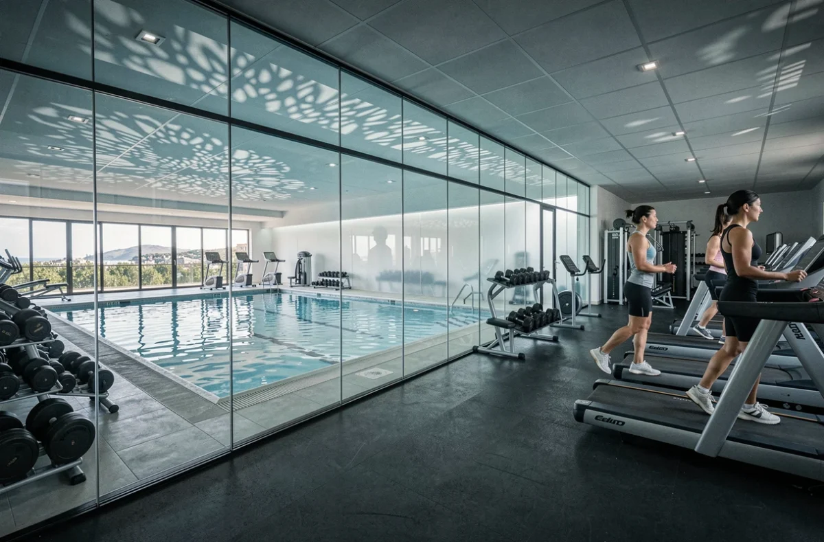 Salle de sport Océania Club Bayonne avec espace fitness moderne et piscine intérieure visible en arrière-plan