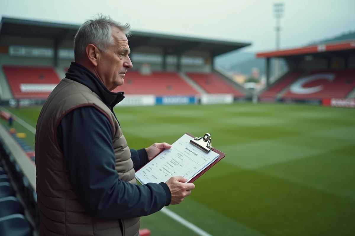 Responsable du club de Bergerac en bordure de terrain discutant du classement avec des supporters locaux dans un stade régional du Périgord